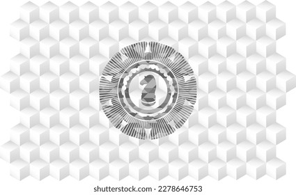 chess knight icon inside retro style grey emblem with geometric cube white background. 