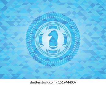 chess knight icon inside sky blue emblem with mosaic ecological style background