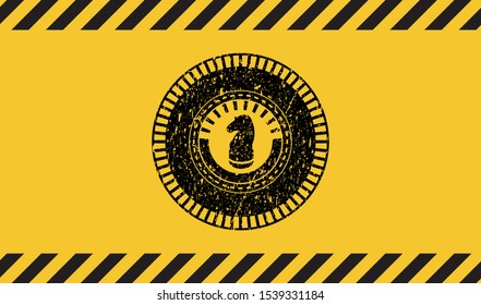 chess knight icon inside warning sign, black grunge emblem. Vector Illustration. Detailed.