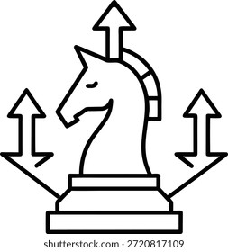 Chess knight icon with multiple arrow directions, strategic moves and business concept