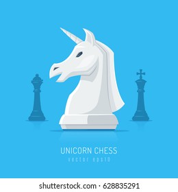 Chess knight illustration drawn as white unicorn with king and queen silhouettes in background. Vector illustration made in flat style.