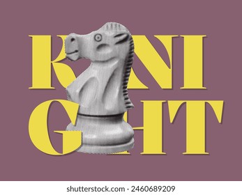 chess knight piece concept template design with text horse chessman retro halftone grunge dotted vintage y2k collage element board game poster cover