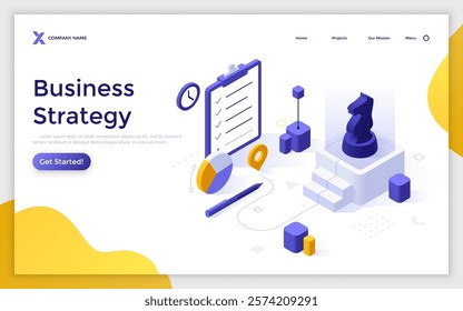 Chess knight piece with task list and data infographics scene. Business strategy landing page isometric template. Planning steps to startup success creative 3d vector illustration for web page