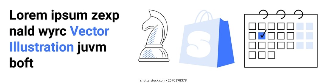 Chess knight, shopping bag, and calendar with text elements on a white background. Ideal for business strategy, e-commerce, scheduling, planning, and marketing themes. Landing page