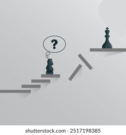 Chess knight standing with collapsed stairs and the king on the top. Strategy to achieve goals vector illustration