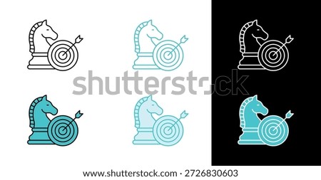 Chess knight with target and arrow icon for business strategy planning in line and fill style