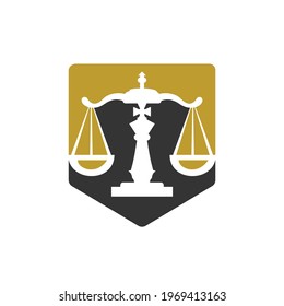 Chess law vector logo design template. Chess king and scale icon design.