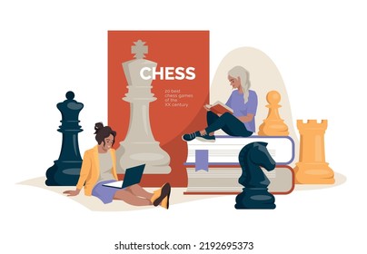 Chess. Learning to play chess. Books and chess pieces. The girl is sitting and reading a book. Concept. Vector image.