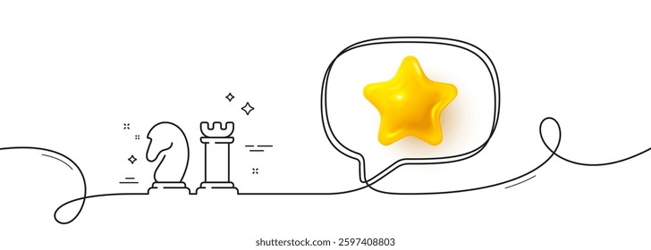 Chess line icon. Continuous line with 3d star. Business strategy sign. Tactic board game symbol. 3d star in speech bubble. Chess single line ribbon. Loop curve pattern. Vector
