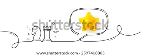 Chess line icon. Continuous line with 3d star. Business strategy sign. Tactic board game symbol. 3d star in speech bubble. Chess single line ribbon. Loop curve pattern. Vector