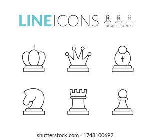 Chess line icon set. Included icon king, queen, bishop, knight, rook, pawn. Chess outline pictogram. Editable Stroke. Set of strategy icons in line style Vector symbols, isolated on a white background