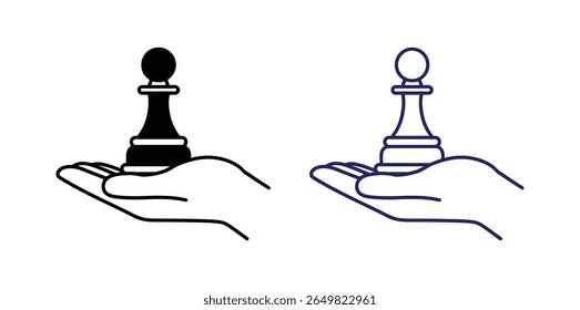 Ícone de linha de xadrez,Ícone de xadrez,Logotipo de xadrez,Vetor de xadrez,Design estratégico com dois peões de xadrez em uma mão humana, preto e azul, simbolizando escolhas e planejamento cuidadoso.
