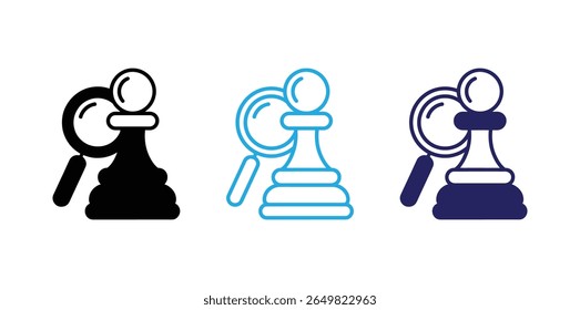 Ícone de linha de xadrez,Ícone de xadrez,Logotipo de xadrez,Vetor de xadrez,Design estratégico com dois peões de xadrez em uma mão humana, preto e azul, simbolizando escolhas e planejamento cuidadoso.
