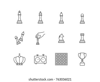 Chess line icons set including chess figures, royal crown, game clock, board, trophy goblet.