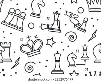 Chess line seamless pattern. Repeating design element for printing on fabric. Game of logic and intelligence, strategy and planning. Bishop, knight, queens and king. Cartoon flat vector illustration