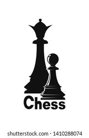 Chess logo concept design. Black pawn against the background of the black queen. Black and white chess symbol. Vector illustration isolated on white