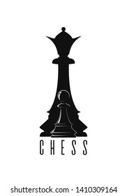 Chess logo concept design. Black pawn against the background of the black queen. Black and white chess symbol. Vector illustration isolated on white