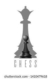 Chess logo concept design. Chess pieces - pawn on the background of the queen. Black and white chess symbol. Vector illustration