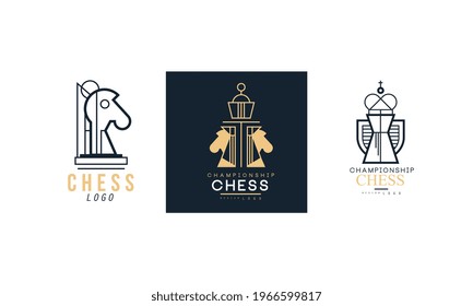 Chess Logo Design Set, Retro Classic Badges, Emblem of Chess Club, Tournament Vector Illustration