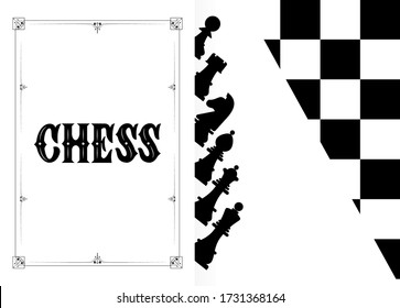 Chess logo with illustration of figures on white background, chessboard. Game sport concept. Vector. Template of package product, wrapping, banner of social media, mobile application, business card.