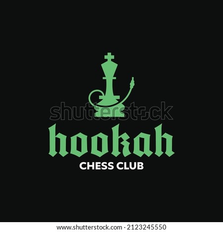 Chess logo with illustration of king on black background. Game sport concept.