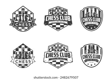 Schach-Logo-Set, Logo-Design für Meisterschaft, Turnier, Schachclub, Visitenkarte, monochrome Vektorillustration