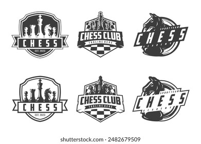 Chess logo set, logo design for championship, tournament, chess club, business card, monochrome vector Illustration