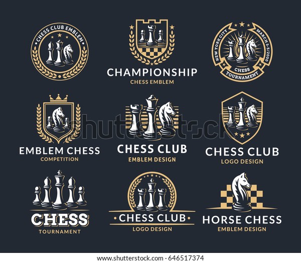 チェスのロゴセット ベクターイラスト 暗い背景にエンブレムデザイン のベクター画像素材 ロイヤリティフリー