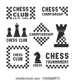 Chess logotype set with lettering, "Chess tournament", "Chess Club", and "Championship". Black and white vector illustration with chessmen