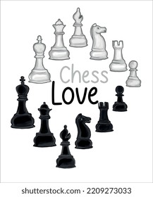 chess love, Vector Set of Black Sketch Chess Pieces. Full Chess Figures Collection vector illustration.