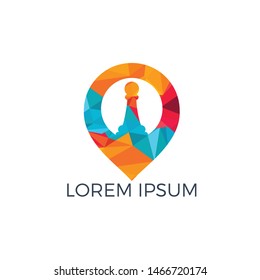 Chess and map pointer logo design. Game and GPS locator symbol or icon. Unique chess and pin logotype design template.