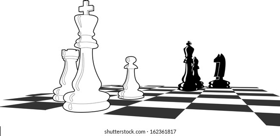 Chess match with few figures left, final stages, final shoot down, black and white vector illustration 