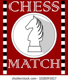 Chess match flyer with knight piece in circle shape, monochrome drawing on dark red background. Poster, bill, book cover template with chess theme
