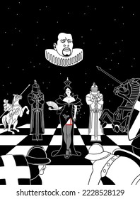 Chess. A metaphor. Drawing on a black background.