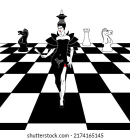 Chess. A metaphor. The queen. Drawing on a white background.
