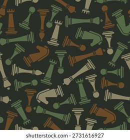 Chess Military pattern seamless. Chess pieces Army background. Pawn and rook chess pieces Protective hacks background. Symbol Horse and bishop background. Soldier and hunting fabric texture