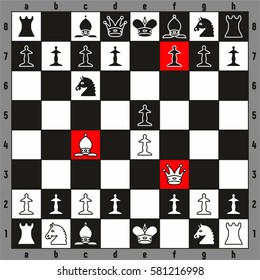 Chess napoleon Checkmate play fastest way to win beginner players illustration with chessboard and all pieces chessman including king queen rook bishop knight pawn for sport education vector