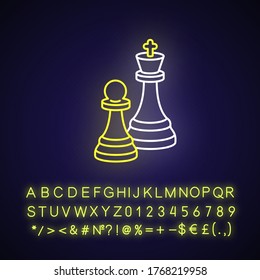 Chess neon light icon. Outer glowing effect. Traditional board game, intellectual activity sign with alphabet, numbers and symbols. King and pawn figures vector isolated RGB color illustration
