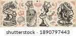 Chess old school tattoo vector collection. Cartoon figures. Checkmate concept. Traditional tattooing style. White king and black queen. Gambit. Pieces, board game. Fiery knight and burning rook 