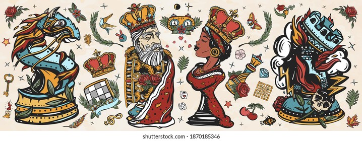 Colección vectorial del tatuaje de la vieja escuela de ajedrez. Rey blanco y reina negra. Gambit. Piezas, juego de mesa. Caballero encarnizado y ladrón ardiente. Cifras de caricatura. Concepto de jaque mate. Estilo tradicional de tatuaje