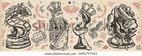 Chess old school tattoo vector collection. Cartoon\
figures. Checkmate concept. Traditional tattooing style. White king\
and black queen. Gambit. Pieces, board game. Fiery knight and\
burning rook 
