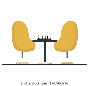 Chess on chessboard and armchairs. Accessories, table for chess players and comfortable chairs. Logic game for intellectuals and amateurs isolated on white background. Table with chess pieces on board