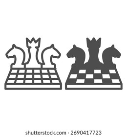 Chess on chessboard line and solid icon, game concept. Vector graphics. Playing field sign on white background, outline style icon for mobile or web design