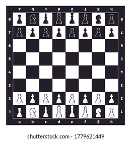 Chess on game board illustration. Ready for new round battle power logical mind strategic intellectual game black white pieces ancient art of war queen with king rook elephant. Chessmen vector.