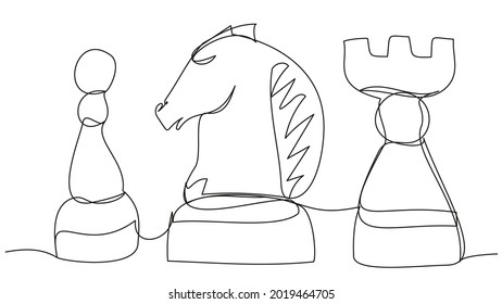 Chess one line on a white background. The contour of the pawn, knight and rounds.