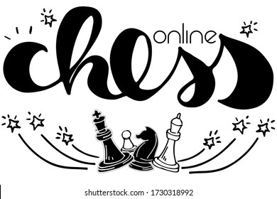Chess online lettering logo. Handwritten text with board game pieces: king, queen, knight, pawn. Black and white emblem for playing and training on-line. Fireworks style elements, lines and stars.