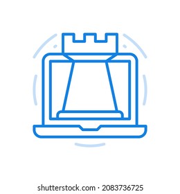 
Chess online vector line icon. Ancient competitive strategy game. Large rook on laptop screen. Logic tournament creativity and mathematical calculation. Intellectual management with view winning.