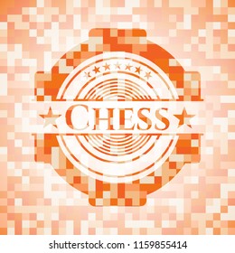 Chess orange tile background illustration. Square geometric mosaic seamless pattern with emblem inside.