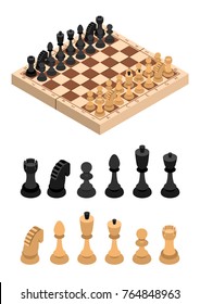 Chess and Parts Isometric View Figures on Wooden Chessboard Strategy Sport Game. Vector illustration