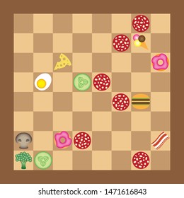 Chess party between healthy food and junk food